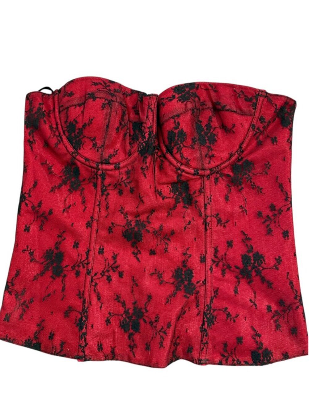 Frederick's of Hollywood Red Black Floral Boned Corset Bustier Size 38
